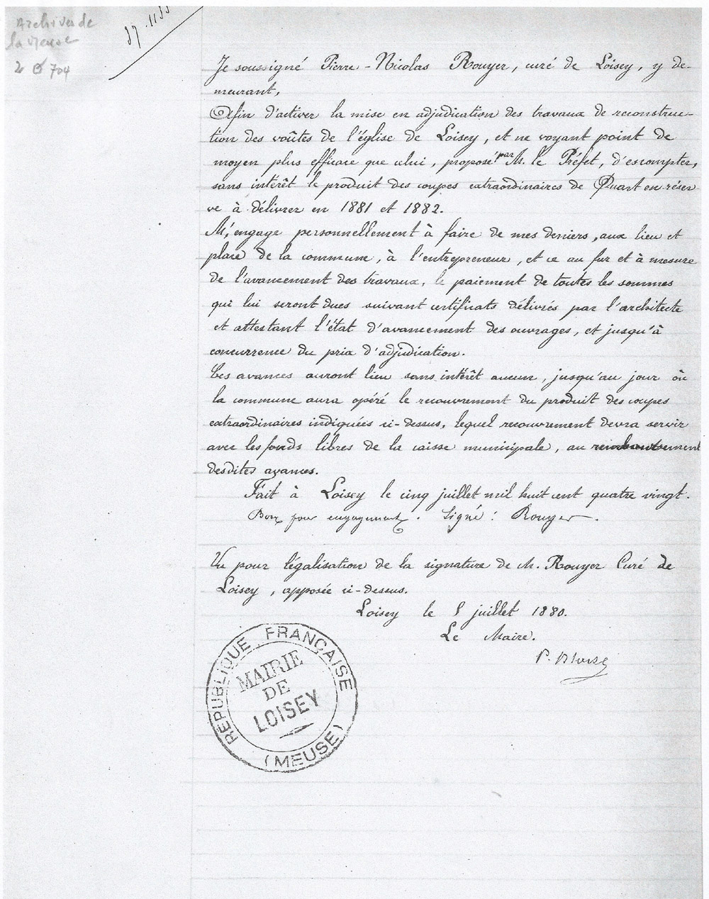 Contrat entre la mairie et le curé de Loisey en 1880