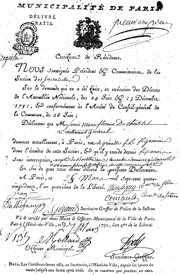 Certificat de résidence du duc du Châtelet à Paris en 1792