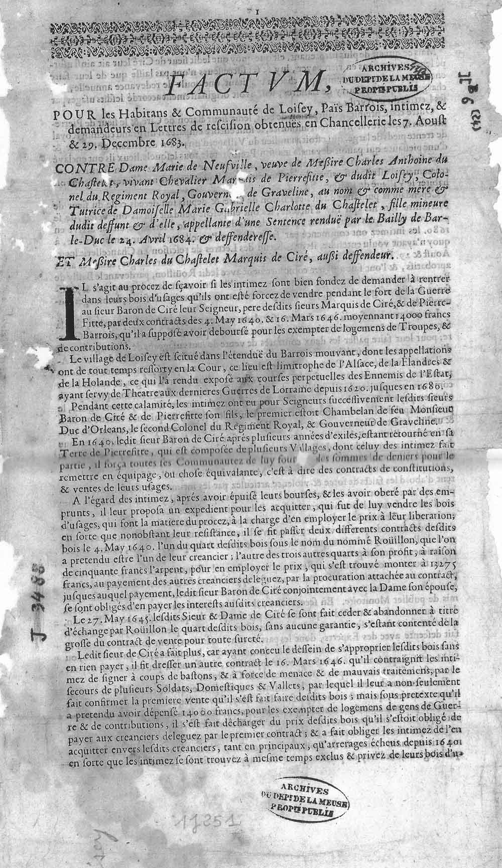 Factum de loisey en 1684
