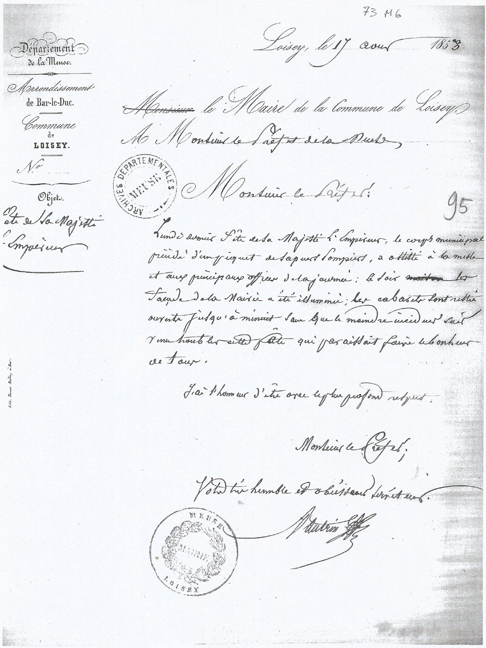 Lettre du maire de Loisey au Préfet en 1853
