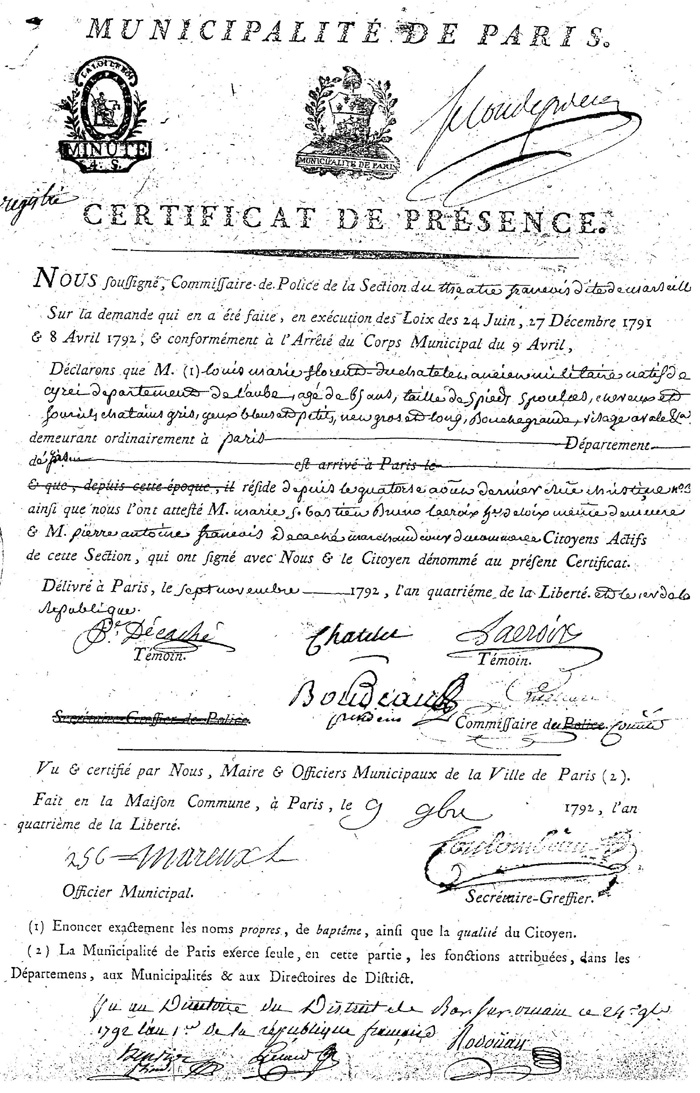Certificat de présence du duc du Châtelet à Paris en 1792 