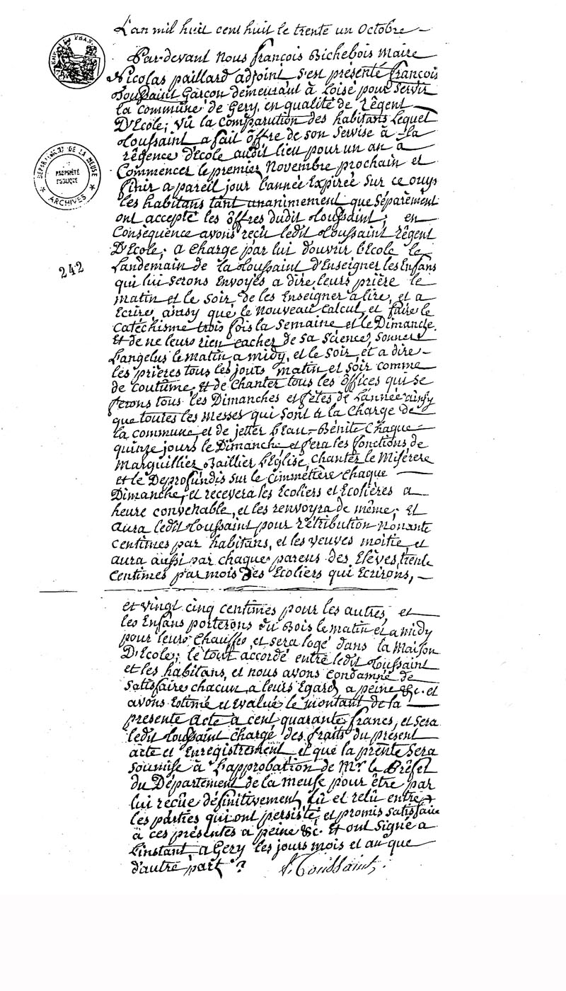 Contrat de maître d'école à Géry daté du 31 octobre 1808
