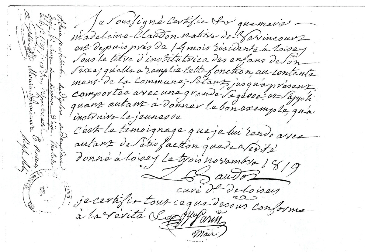 Témoignage de satisfaction pour l'institutrice de Loisey daté du 3 novembre 1819.